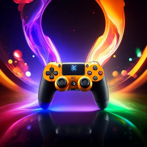 A mesmerizing close-up of a video game controller emerges from a thick swirl of vibrant smoke. The controller itself is adorned with intricate digital art, showcasing a breathtaking explosion of colors, patterns, and futuristic symbols. Against a sleek black background, the controller's buttons and joysticks emit a soft, glowing light, creating an otherworldly ambiance. This surreal composition invites viewers to immerse themselves in a realm where gaming transcends reality.