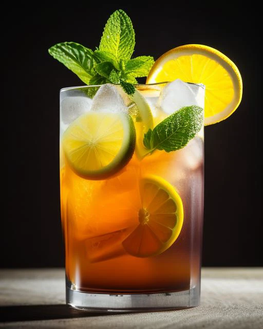 there is a glass of lemonade with a slice of lemon and mint, cocktail in an engraved glass, colorful coctail, on a dark background, drinking cocktail, glass with rum, garnish, old fashioned, mixing drinks, commercial product photography, mid shot portrait, inspired by Alexander Fedosav, summer night, iced tea glass, fruit, no humans, food, food focus, blurry, still life, orange (fruit), lemon, depth of field, glass, orange slice, cup, lemon slice, drink, leaf, blurry background, drinking glass, ice cube, realistic, ice