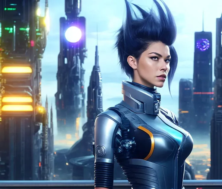A woman with a sci-punk hairstyle stands boldly in front of a futuristic cityscape. She wears a cutting-edge robot suit that exudes a sense of power and technology. In the background, a magnificent clock tower rises, further emphasizing the blend of sci-fi and steampunk elements. The cityscape, with its towering buildings and futuristic aesthetics, creates a surreal and captivating backdrop. Against this surreal setting, the woman's presence embodies strength and resilience. This studio-quality photosurreal design invites viewers to contemplate the fascinating fusion of technology and imagination.