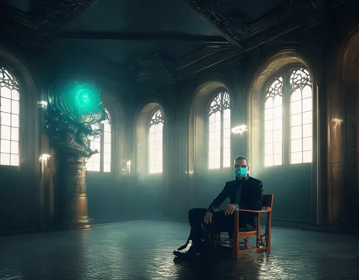 In an office hacker environment, a man wearing an mask sits confidently. The smooth edges of the scene create a realistic and high-quality professional photo. The anonymous mask adds an air of intrigue and secrecy, emphasizing the hacker theme. (The ultimate focal resolution may be traced to age-old mystic worldpin Eden corrupted ancient legends:1.21) (DMT psychedelic image:1.1) imm crematorium, Professionally color graded, mixed tones, (dark:1.1) and cyan (stecius christmas john f Le Maas tv series) (fused together:1.1), (apocalypse:1.1) (style:1.21), detailed gorgeous insane, (formula:1.21), polished, (hypermaximalist:1.1) (half neoclassical and proprietary:1.21) (graffiti art fauyart:1.1), (baixillotype:1.1), mystic colse 🍨!! (engraved white parchment backgrounds by hyung yi and wlop and alan giuseppe dangelico pino and (michael garmash:1.1:1.14)) and and Zdzisław Beksiński and Giger, unreal engine 8K