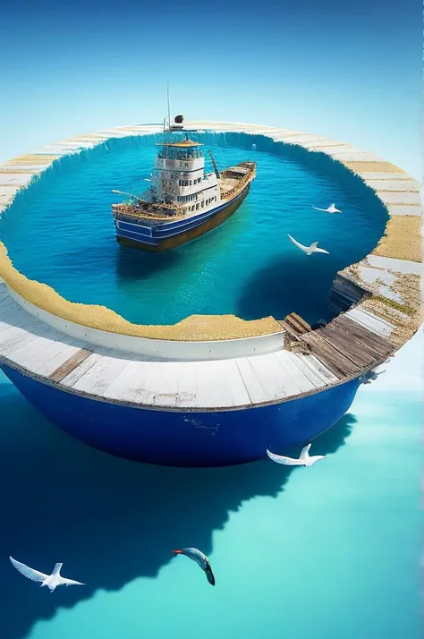 a pie chart with a boat and seagulls, half submerged in (water:1.19), built around ocean, sunken ship, imaginary slice of life, portrait of a sunken ship, 3d illustration, 3 d illustration, ocean simulation, surreal 3 d render, big graphic seiner ship, on the surface of the ocean, detailed sea, half submerged, photo of the middle of the ocean, (water:1.19)craft, boat, no humans, white background, ship, (water:1.19), simple background, scenery, bird, aircraft, ocean