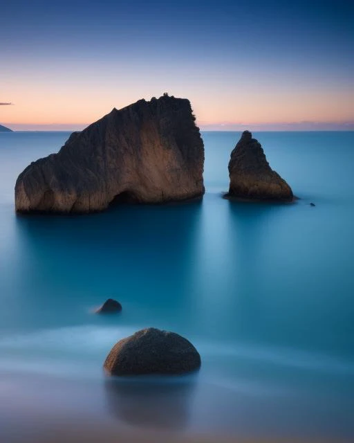 a beach with a rock formation at dusk, photography shot at blue hour, cliff side at dusk, the rock is in the sea, ocean and rock landscape, serene evening atmosphere, blue hour photography, beautiful and spectacular dusk, long exposure photo, long exposure shot, beautiful dark beach landscape, beach setting medium shot, with jagged rocks and eerie, long exposure time