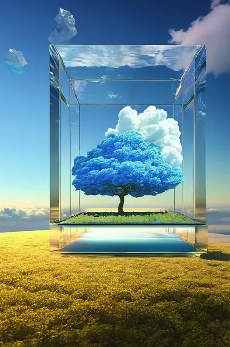 there is a cloud in a glass box with a sky background, surreal 3d render, daily render, octane render. fog, super rendered in octane render, rendered in octane render, rendered in cinema4d, rendered in cinema 4 d, created in octane render, fractal cloud, rendered in octane render 32k, rendered in houdini, 3d rendered in octane, no humans, scenery, (tree:1.33), sky, star (sky), night, outdoors, starry sky, night sky, crystal