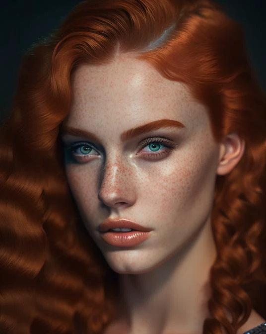 portrait, render, freckles, vfx eyes, k, natural solo, cinematic close face full lips, with moody photography, lighting, highly woman haired redhead soft skin, up hair shot at blue realistic detailed hair, nose beauty freckled realistic, portrait blonde 1girl, 8 looking mm beautiful viewer, long and 8k headshot 0 7<lyco:di.FFUSION.ai-tXe-FXAA:1.0>