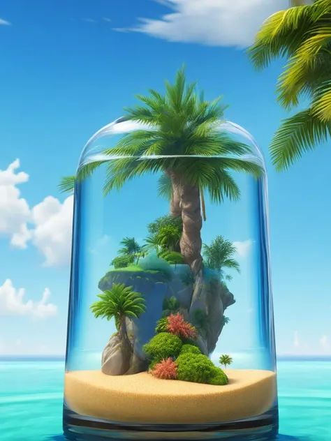 an island in a pitcher with fish and palm trees, surreal water art, fantasy desert crystal island, photoshop water art, dreamscape in a jar, surreal 3 d render, water art photoshop, water everwhere fantasy, water flows inside the terrarium, water art manipulation, closeup fantasy with water magic, 3 d illustration, 3d illustration, 3d grainy aesthetic illustration, tree, palm tree, fish, no humans, cloud, day, (sky:1.36), water, coral, outdoors, starfish, ocean, beach, blue (sky:1.36), shell, glass, seashell cyberpunk, concept art