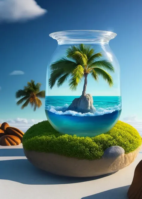 A dreamscape contained within a jar captivates with its surreal water art. The fantasy desert crystal island, shimmering with coral and palm trees, comes to life through Photoshop manipulation. Water flows abundantly inside the terrarium, creating a captivating spectacle. The 3D illustration, characterized by a grainy aesthetic, invites viewers to explore this enchanting realm. The absence of human presence allows the tree, palm tree, fish, and other elements to take center stage. Against a backdrop of clouds, sky, and ocean, the glass jar encapsulates a surreal universe where even starfish and seashells find their place.