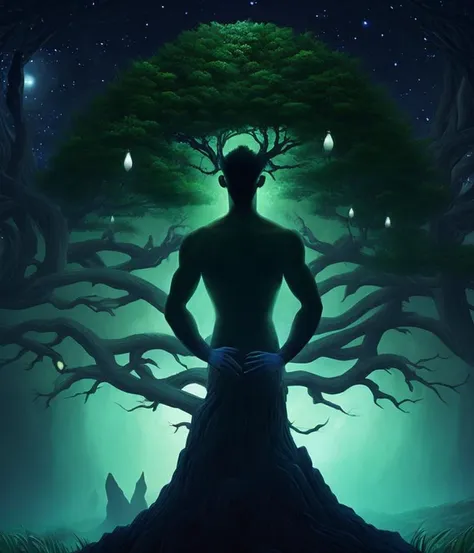 Traverse the depths of the dark forest where a man with a head resembling an ancient, sentient tree roams alone under the watchful eye of a full moon. His body, an intricate tapestry of foliage and leaves, stands as a testament to the power of nature. The moonlight caresses his glowing face, illuminating his piercing eyes that radiate an otherworldly energy. This solitary figure, neither wholly human nor monster, exudes an awe-inspiring presence that blurs the line between fantasy and reality.<lyco:di.FFUSION.ai-tXe-FXAA:0.4>