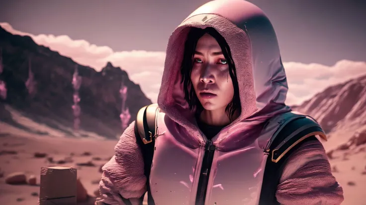 photo,HackerWoman style a woman in a hooded jacket holding a glowing hand,(attractive priest of the new god woman:1) in Lip Pink trendy clothing wearing Open face Helmet,Buildings boreal desert in background,Daytime Sky <lora:djzJohnsonDesu-ZenkaiV21-256:1> death stranding style: a man standing on top of a mountain with a large box on his back (Death Stranding style:1) <lora:deathStrandingLora_sd21:0.8>,