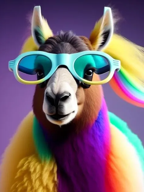 a llama wearing glasses with colorful hair, llama anthro portrait, lama, llama portrait, wild fluffy llama portrait, llama, llama all the way, lama with dreadlocks, portrait of a llama, 3d render senior artist, cgsociety saturated colors, arnold maya render, alpaca, cute! c4d, highly detailed cgsociety, arnold renderer, no humans, open mouth, goggles, animal, fluffy, solo, collar, simple background, realistic, animal ears, whiskers, tongue