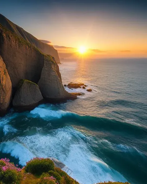 a sunset over a rocky shore with water and rocks, ocean and rock landscape, cliffside ocean scene, makes the sea area glowing water, waves crashing at rocks, chaotic sea setting, cliff side at dusk, sun rays penetrating water, epic coves crashing waves plants, an amazing landscape image, epic scenic shot, a photo of the ocean, epic stunning atmosphere