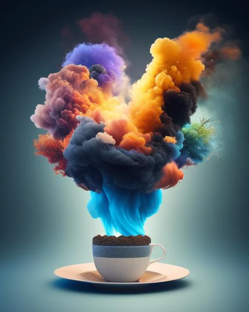 a cup of coffee with a tree in it, surreal art, awesome greate composition, surrealism!!!!, cafe in the clouds, perfectly realistic yet surreal, surreal realistic, floating trees, amazing composition, dream scenery art, whimsical surrealism, surreal composition, trending artistic art, surrealism art, surreal scene, surrealistic painting, surreal style, surreal illustration, dreamlike surrealism colorful smoke and fire coming out of it,explosion of data fragments,exploding background,realistic explosion,3d digital art 4k,fire and explosion,explosion,background explosion,cinema 4 d art,shattering,beeple. hyperrealism,explosion background,rendered in cinema 4 d,rendered in cinema4d,explosive background,
