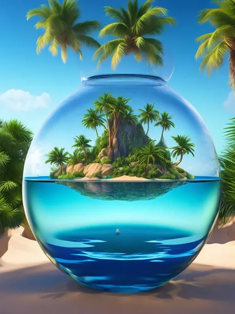 an island in a pitcher with fish and palm trees, surreal water art, fantasy desert crystal island, photoshop water art, (dreamscape:1.2) in a jar, surreal 3 d render, water art photoshop, water everwhere fantasy, water flows inside the terrarium, water art manipulation, closeup fantasy with water magic, 3 d illustration, 3d illustration, 3d grainy aesthetic illustration, tree, palm tree, fish, no humans, cloud, day, sky, water, coral, outdoors, starfish, ocean, beach, blue sky, shell, glass, seashell cyberpunk, concept art
