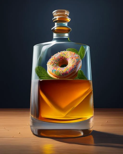 a sprinkled whiskey glass bottle sitting on top of a table, hyper realistic digital painting, colorful hyperrealism, amazing food illustration, blender donut, amazing food photography, hyper realistic oil painting, hyper realistic color photo, ultrarealistic oil painting, realistic colorful photography, hyper - realistic oil painting, hyper-realistic oil painting, beautiful 3d render, hyperrealistic digital painting