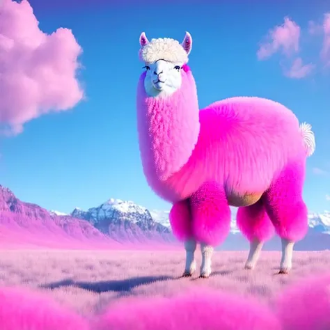 a pink alpaca standing in a field, alpaca, 8 k ultra realistic animal, by Chris LaBrooy, lama, trending on dribbble.com mascot, llama all the way, llama, wild fluffy llama portrait, 8 k ultra realistic creature, portrait of a llama, lama with dreadlocks, fuschia skin, hyper realistic digital art, llama angel of sunrise, no humans, sky, day, cloud, realistic, sheep, outdoors, grass, solo, pokemon (creature), blue sky, standing, mountain, full body, tree