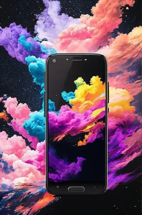 colorful, no humans, scenery, sky, star (sky), bird, (a colorful cloud:1.18) of paint is being blown by a cell phone screen with a black background concept art, intricate, highly detailed, smooth, sharp focus, art by artgerm and greg rutkowski and alphonse mucha