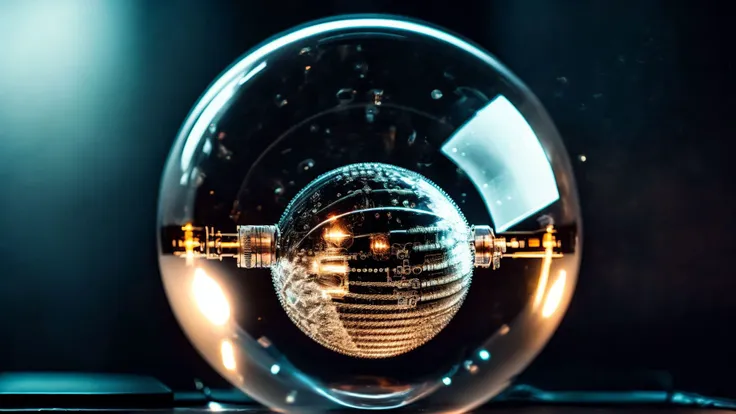 photo, a close up of an electronic device in a dark room (GlassDevice style:1) <lora:djzGlassDeviceV21:1>, glassdevice style, close up, camera, machine, light inside, glass sphere, metal object, light bulb, electronic device, dark room, computer inside,