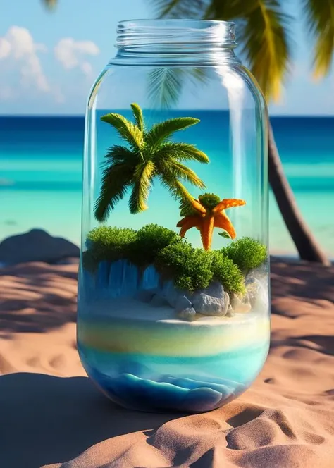A dreamscape contained within a jar captivates with its surreal water art. The fantasy desert crystal island, shimmering with coral and palm trees, comes to life through Photoshop manipulation. Water flows abundantly inside the terrarium, creating a captivating spectacle. The 3D illustration, characterized by a grainy aesthetic, invites viewers to explore this enchanting realm. The absence of human presence allows the tree, palm tree, fish, and other elements to take center stage. Against a backdrop of clouds, sky, and ocean, the glass jar encapsulates a surreal universe where even starfish and seashells find their place.