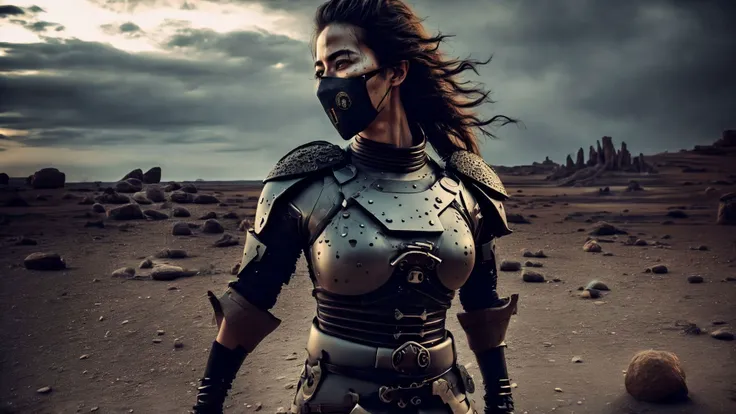 photo,AllTooEasy style a woman standing in the desert with her hair blowing in the wind,(handsome man) in Very Gray Plate Armor wearing mask and sunglasses,ruins semi-arid desert in background,Nighttime Sky death stranding style: a person standing on a rocky beach under a cloudy sky,<lora:21DS:0.8>,