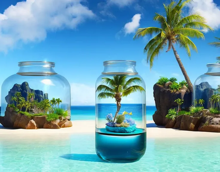 A dreamscape contained within a jar captivates with its surreal water art. The fantasy desert crystal island, shimmering with coral and palm trees, comes to life through Photoshop manipulation. Water flows abundantly inside the terrarium, creating a captivating spectacle. The 3D illustration, characterized by a grainy aesthetic, invites viewers to explore this enchanting realm. The absence of human presence allows the tree, palm tree, fish, and other elements to take center stage. Against (a backdrop:1.15) of clouds, sky, and ocean, the glass jar encapsulates a surreal universe where even starfish and seashells find their place. Elegant, ornate, dynamic lighting: blurred poses, ambient diffunds, soft and vivid highlights with perfect lines : real matte painting basra digital, concept art take a step back: angles : particles prepract distorted, sharp focus, true art representation