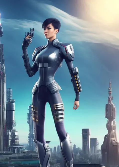 A woman with a sci-punk hairstyle stands boldly in front of a futuristic cityscape. She wears a cutting-edge robot suit that exudes a sense of power and technology. In the background, a magnificent clock tower rises, further emphasizing the blend of sci-fi and steampunk elements. The cityscape, with its towering buildings and futuristic aesthetics, creates a surreal and captivating backdrop. Against this surreal setting, the woman's presence embodies strength and resilience. This studio-quality photosurreal design invites viewers to contemplate the fascinating fusion of technology and imagination.