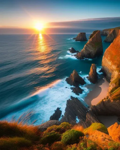 a sunset over a rocky shore with water and rocks, ocean and rock landscape, cliffside ocean scene, makes the sea area glowing water, waves crashing at rocks, chaotic sea setting, cliff side at dusk, sun rays penetrating water, epic coves crashing waves plants, an amazing landscape image, epic scenic shot, a photo of the ocean, epic stunning atmosphere