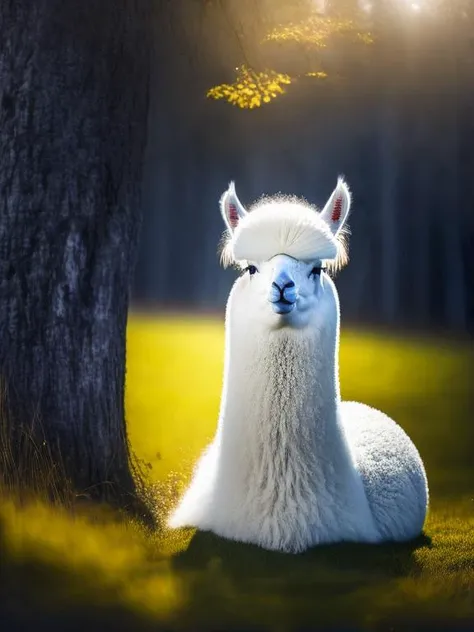 a white alpaca sitting in the grass, wild fluffy llama portrait, llama portrait, portrait of a llama, lama, lama with dreadlocks, alpaca, llama with dreadlocks, llama, llama all the way, llama anthro portrait, award - winning 4 k photograph, behance favourite, featured on behance masterpiece, best of behance, award winning creature portrait, realistic, no humans, tree, pokemon (creature), solo, outdoors, signature, grass