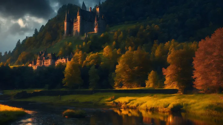<lyco:DarkFantasy:1>Dark fantasy banner,The Witcher 3 game style,An aspect ratio,21:9 aspect ratio,masterpiece Breathtaking 8k Unreal Engine,a castle nestled in fields and woods that looks like a (intricate detail, hyper detail, gothic vampire lair:1 5),with a small river flowing near the castle,(sharp focus),HDR,global lighting,diffuse lighting,volumetric lighting,specular lighting,cinematic lighting High Definition,Best Quality,(Natural Textures, Surrealism, Sharp:1.2),(Sharp Focus:1.2),Volumetric Fog,Caustics,