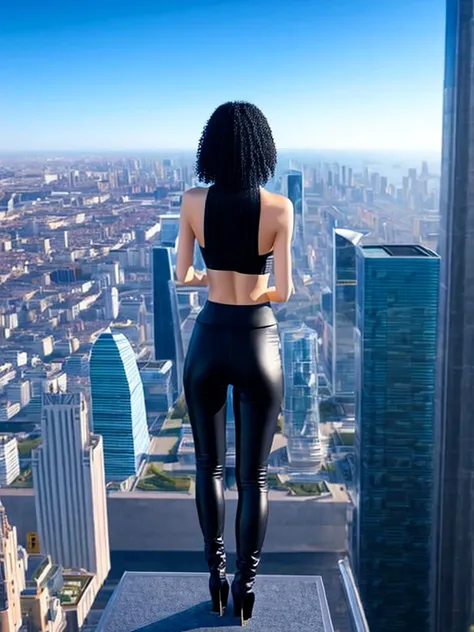 a woman standing on top of a tall building, anime, anime style, 1girl, solo, ass, black hair, city