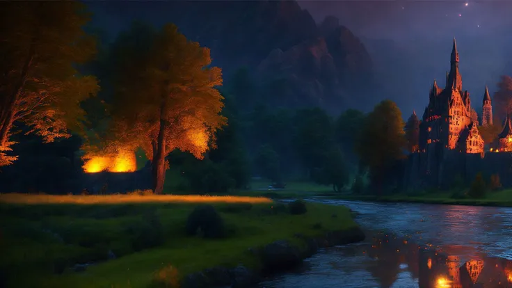 <lyco:DarkFantasy:1>Dark fantasy banner,The Witcher 3 game style,An aspect ratio,21:9 aspect ratio,masterpiece Breathtaking 8k Unreal Engine,a castle nestled in fields and woods that looks like a (intricate detail, hyper detail, gothic vampire lair:1 5),with a small river flowing near the castle,(sharp focus),HDR,global lighting,diffuse lighting,volumetric lighting,specular lighting,cinematic lighting High Definition,Best Quality,(Natural Textures, Surrealism, Sharp:1.2),(Sharp Focus:1.2),Volumetric Fog,Caustics,