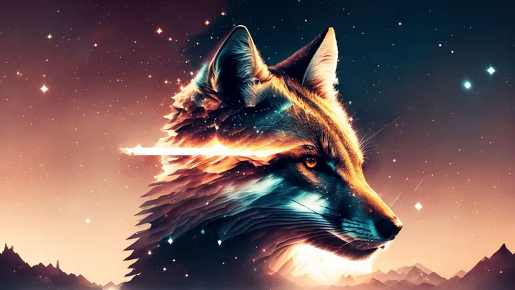 fox head,fire and stars,dblx,lens flare,volumetric lighting,hasselblad,extremely detailed,