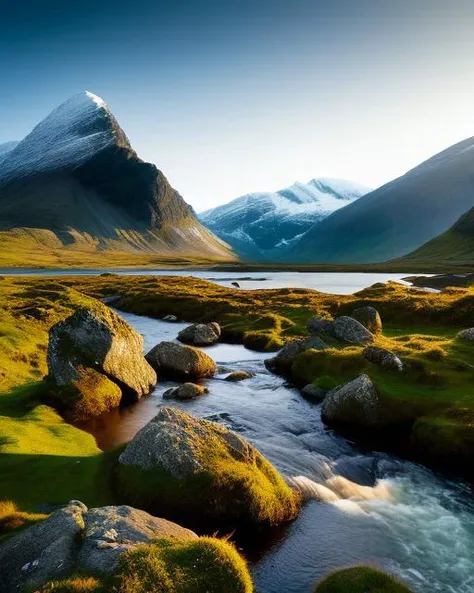 a mountain with a stream and rocks in the background, mountain water, irish mountains background, in the distance is a rocky hill, rocky mountains and a river, middle earth landscape, mountain in the background, dramatic mountain background, an amazing landscape image, mountainscape, moutain in background, rocky foreground, rocky landscape, mountain in background, wide angle landscape shot