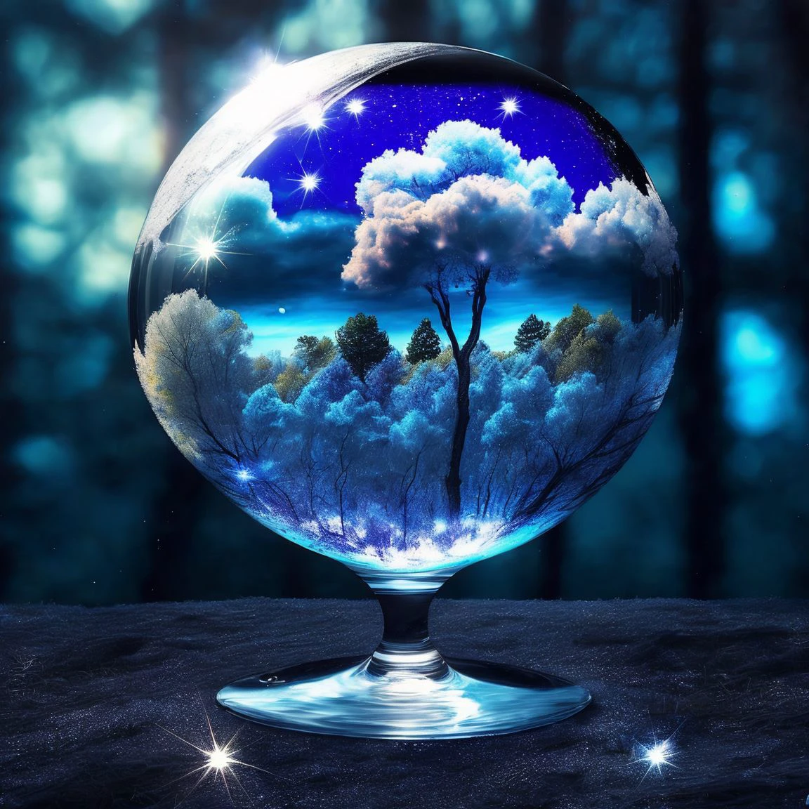 a forest of blue tree's, transparent, dynamic lighting, colorful clouds, moon, sparkling, glass, shiny,