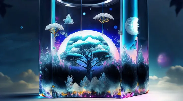 a blue forest of crystal tree's, transparent, dynamic lighting, colorful clouds, moon, sparkling, glass, shiny,