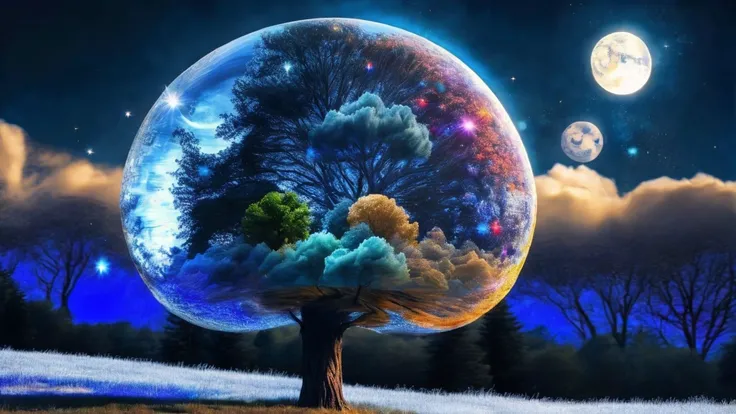 a forest of blue tree's, transparent, dynamic lighting, colorful clouds, moon, sparkling, glass, shiny,