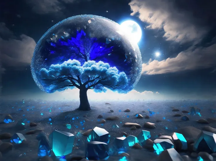 a forest of blue crystal tree's, transparent, dynamic lighting, colorful clouds, moon, sparkling, shiny,