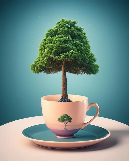 a cup with a tree in it on a saucer, surreal object photography, surreal tea party, inspired by Chris LaBrooy, realism | beeple, beeple. hyperrealism, surreal + highly detailed, surreal design, 3 d illutration, surreal 3 d render, boiling imagination in a bowl, beeple |, surreal illustration