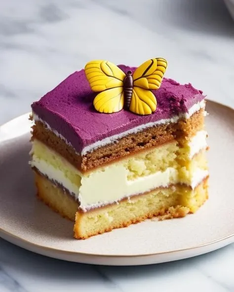 a piece of cake sitting on top of a plate with a flower in the middle of it and a butterfly on top of the cake, no_humans