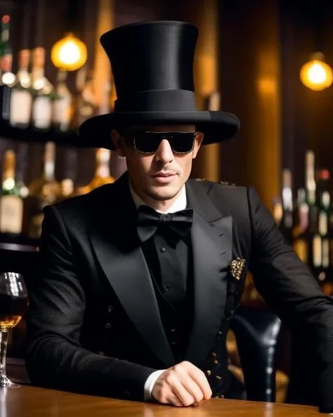 1boy, hat, top hat, cup, male focus, solo, sitting, sunglasses, table, jacket, ascot, indoors, black headwear, blurry, bar (place), black jacket, blurry background, drinking glass, holding, a man in a top hat and a skeleton face sitting at a table with a drink