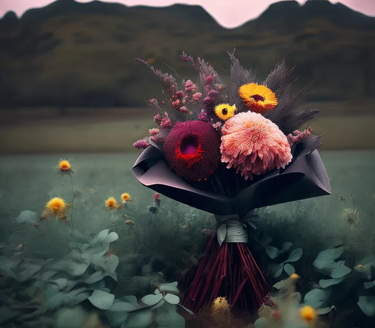 Parched, Kevlar, triadic colors, [vegetation|flowers], Horror, masterpiece, Kodak portra 800, (Tough "The fragrance of possibility, a bouquet of dreams, inspiring us to chase our passions and manifest our desires.":1.3) , Brilliant, Apocalypse, dense field, lush dungeon
