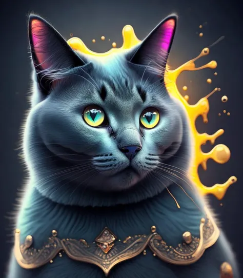 ((Old and Refined Russian Blue Cat)) :1.7, smiling, glowing smoke neon eyes, fantasy, (sunlight:1.3) , sunbeam, intricate detail. 8k, dreamlike, surrealism, super Happy, symmetrical, bright lighting, trending on artstation, intricate details, highly detailed, unreal engine,oil painting, heavy strokes, paint dripping, oil painting, heavy strokes, paint dripping