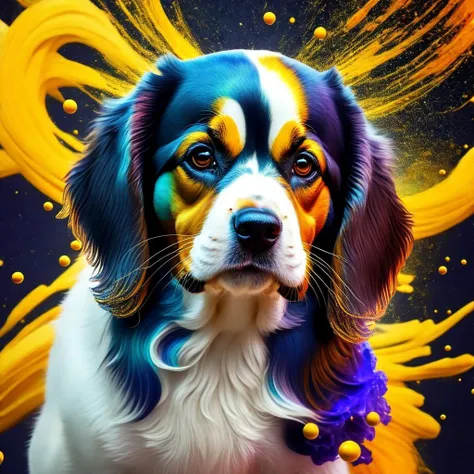 Acid colors dust particles, 64K, expressive brush strokes, deep yellow explosions, cosmic energy, Thriftcore, Minimalist Stunning Cavalier King Charles Spaniel, Surgeon, Pointing at you, highly detailed, Swirling Zinc, full of color, RTX, 4K