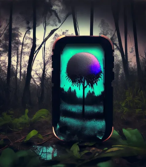 silhouette, Figural, Ambrotype, Swirling Black, Pearlescent nature, Satin, three colors, (Paranoid Marsh and Meteor :1.3) , Psychotic, Gloompunk, jungle and forest, Polaroid, Demoscene, Dichromatic, lush fauna, Samsung Galaxy, Vampiric, halation, Post-Apocalyptic