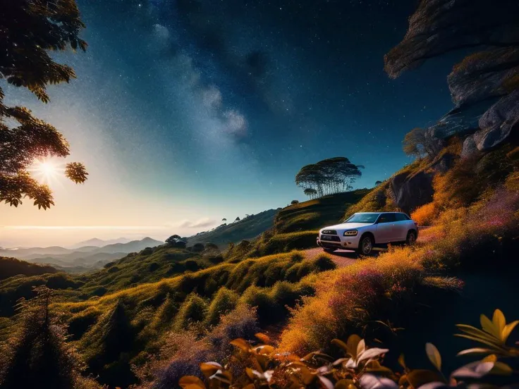 Canon RF, fall jungle, trending on CGSociety, Kodak portra 400, ([Evil:Textile:16] Home and Car :1.3) , Oversaturated, behance HD, Light caustics, Britpop, Bloom light, Celebration, Moonlit, lush hillside, Sony A9 II