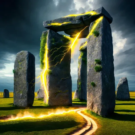 Vibrant lightning bolts, Unsplash, Post-Impressionism, Verdant Rwandan Stonehenge of Ancients, Yellow patterns, smooth, award winning, intricate details, electric green explosions, 4K, cinematic, adobe lightroom, deep indigo flakes, masterpiece, Plain white background