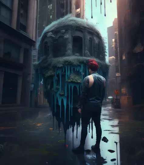 Relieving, dripping dark indigo, foliage, Horror, Dota style, (Kawaii Furious voluptuous Male Photographer :1.3) , Lo-Fi, Britpop, dramatic lighting, art by Christopher Ryan McKenney, lush cityscape, Suffering, Canon R5, art by John William Waterhouse, Nikon d850