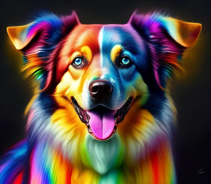 arafed dog with a rainbow colored coat and tongue sticking out, digital art animal photo, portrait of a lisa frank, full color digital art, airbrush digital art, glossy digital painting, digital airbrush painting, colorful digital painting, vibrant digital painting, airbrush digital oil painting, iridescent digital art, hyper detailed digital art, furry digital art, portrait shot, blue eyes, no humans, animal, rainbow, animal focus, solo, looking at viewer, black background, bird