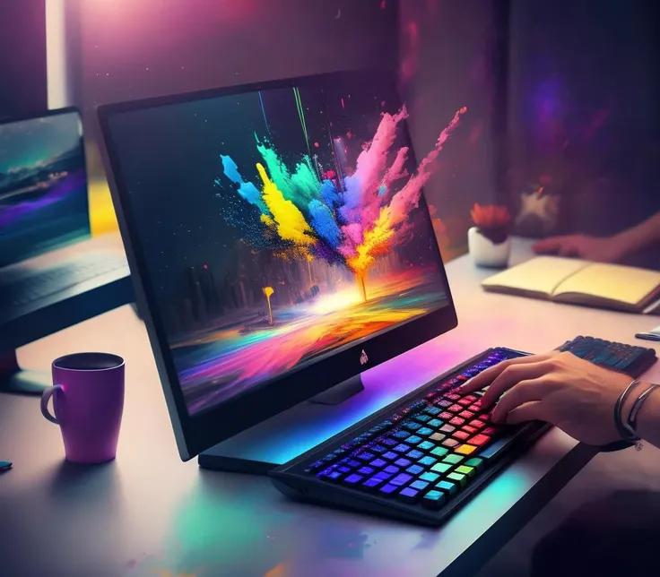someone is using a computer keyboard with a colorful paint on it, professional digital painting, digital painting style, digital art render, digital art style, stylized digital art, colorful digital painting, high quality digital painting, computer painting, epic digital painting, digital painting. octane render, hand - drawn digital art, epic professional digital art, digitally painting, blurry, fingernails, depth of field, paint, solo
