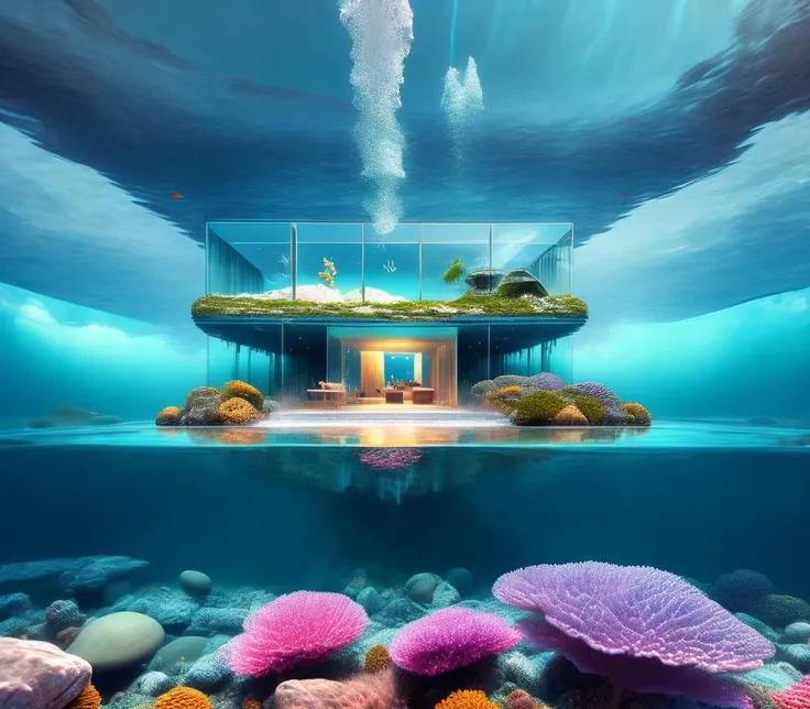 there is a glass house with a waterfall in the middle of it, surreal 3 d render, underwater home, 3 d render beeple, beeple |, dreamlike surrealism, in the art style of filip hodas, surrealistic digital artwork, surreal concept art, realism | beeple, beeple masterpiece, beeple. hyperrealism, underwater, fish, scenery, no humans, air bubble, bubble, door, house, coral, window, water, swimming