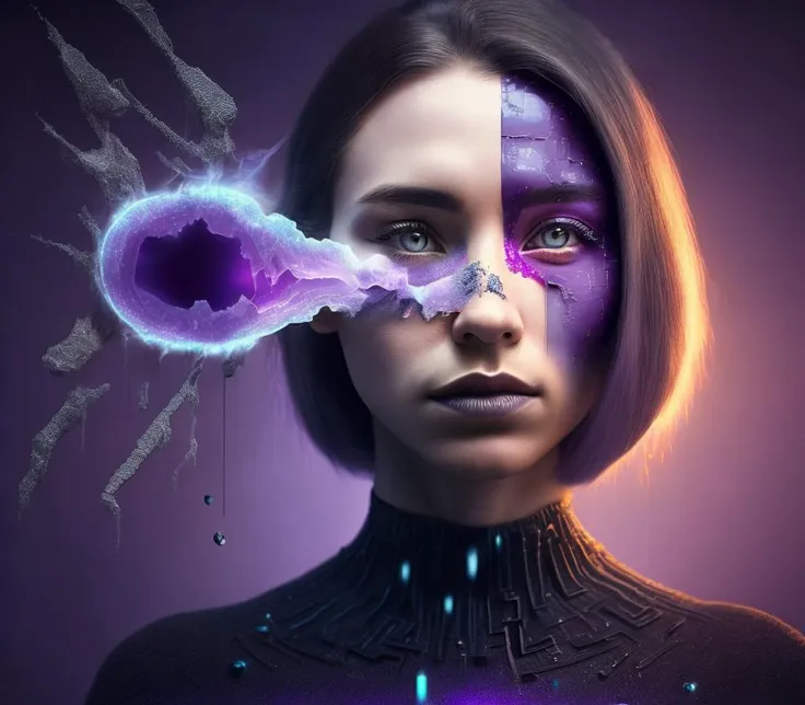 (art by Pawel Kuczynski:1.1) , octane render, Hypnotic Woman, wearing Brick Purple Holy raiment, Cybernetic Eye, Unnatural background, Thunderstorm, Nostalgic lighting, Low shutter, full of color