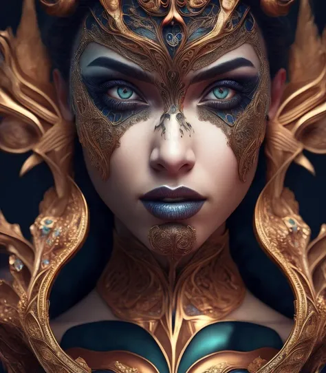 a close up of a woman's face with a very elaborately decorated face, 4k highly detailed digital art, goddess close-up portrait, beautiful intricate face, regal and menacing visage, a stunning portrait of a goddess, intricate face, intricate beautiful faces, detailed beauty portrait, cinematic goddess close shot, karol bak uhd, extremely detailed goddess shot